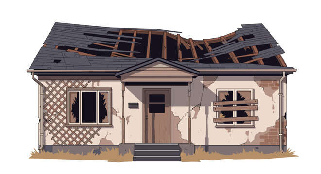 Dilapidated single-story house featuring a partially collapsed roof, broken windows, and crumbling walls stands on dry grass.