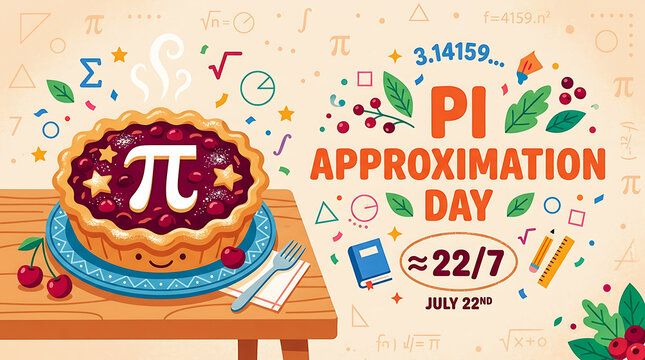 Pi approximation day banner with cherry pie and math formulas