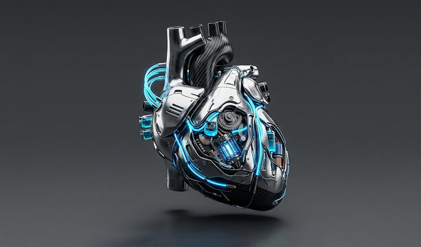 Cybernetic Heart of Tomorrow: A metallic, futuristic heart adorned with glowing blue circuits and wires, representing advanced technology and artificial intelligence.