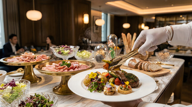 Professional chef serving gourmet food at a luxury hotel buffet station