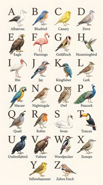 Educational bird alphabet poster featuring realistic watercolor of various bird species from a to z letters