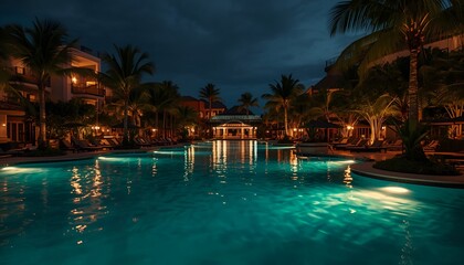 Fototapeta premium Tropical Luxury Waterpark Illuminated At Night With Glowing Pools
