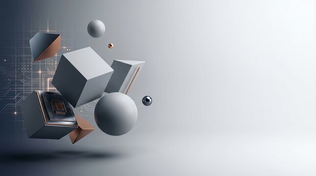 Floating geometric shapes and central computer processor unit chip arranged in a modern abstract technical composition
