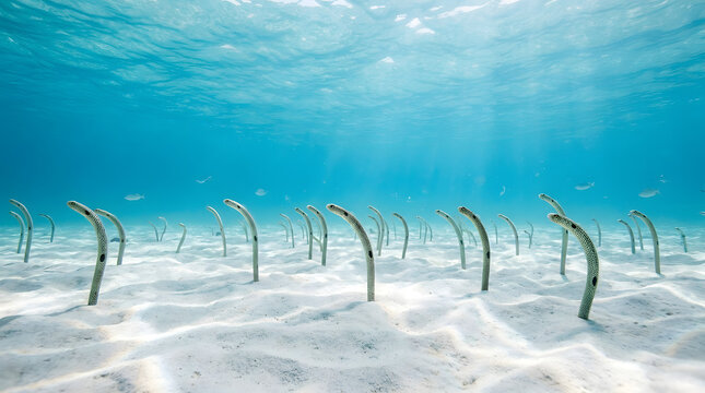 Underwater Garden Eels Swaying in Ocean Current