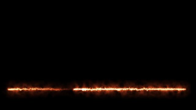 Glowing fire line lower third overlay with burning energy effect on black background, flame border