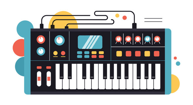 Stylized flat illustration of a professional digital music synthesizer keyboard with various knobs sliders and buttons on a colorful abstract background.
