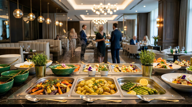 Delicious buffet meal with various hot dishes and vegetables in a luxury restaurant with people socializing in the background