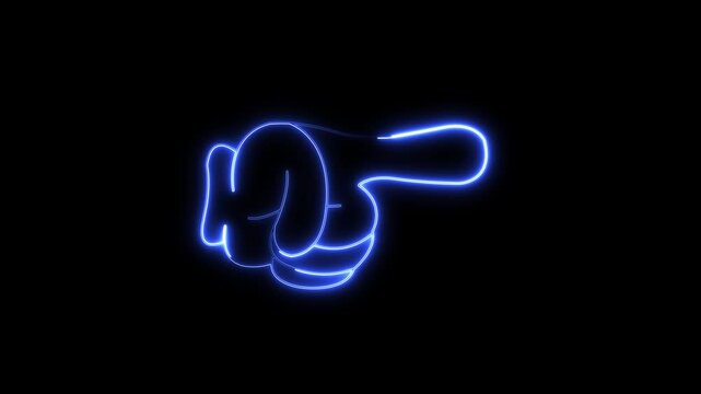 Glowing neon Hand pointing to the right on black background.Cartoon hand with white glove pointing finger to the right direction for attention..