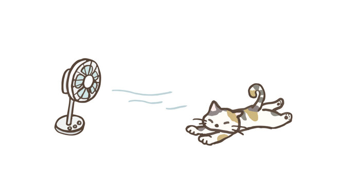 扇風機の風に当たって涼んでいる猫のイラスト　夏の素材イラスト　