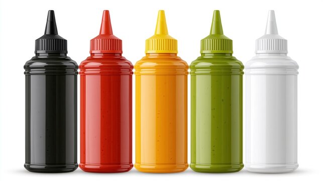 A row of colorful squeeze bottles on a white background