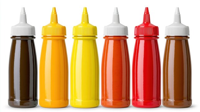 A row of colorful condiment bottles on a white background