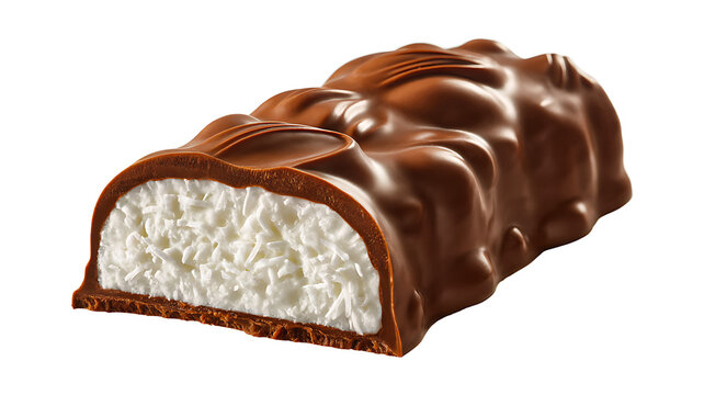 Chocolate coated coconut candy bar isolated on white background