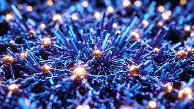 Abstract Digital Blue Crystal Nanofiber Network with Gold Spheres - Futuristic Technology Background