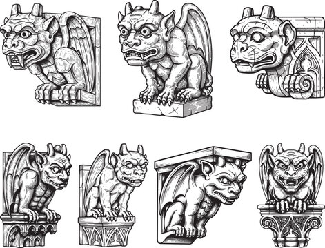 Vintage Gothic Gargoyle Statue Engraving Vector Illustration Collection Set