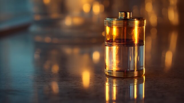 A close up of a metallic e-cigarette atomizer with a golden reflection.