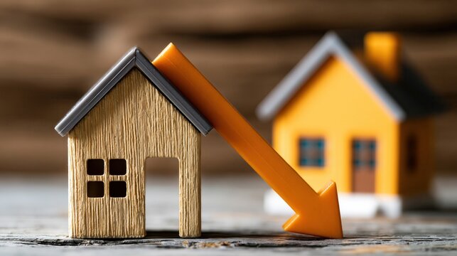 A small wooden house with an orange arrow pointing downward