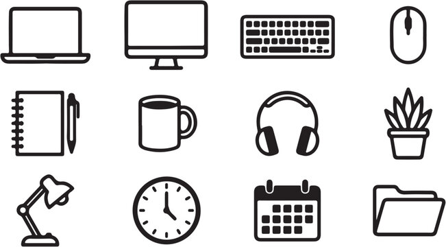 Collection of various office and technology icons.