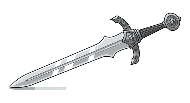 Detailed silver medieval sword with a decorative hilt and a sharp double edged blade resting on a white background.