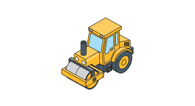 Isometric view of a yellow industrial road roller machine used for asphalt compaction and road construction projects.