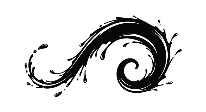 Artistic silhouette of a black liquid splash or swirling wave representing ink, oil, or water movement in a dynamic spiraling shape.