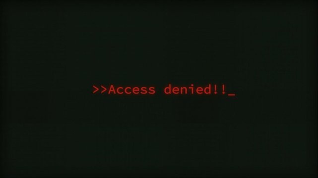 Red "Access denied!!" text typing on a dark, glitchy CRT monitor screen. Perfect for hacking, cyber security, and retro sci-fi themes.