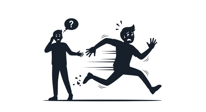 Confused man watches another man running away in panic