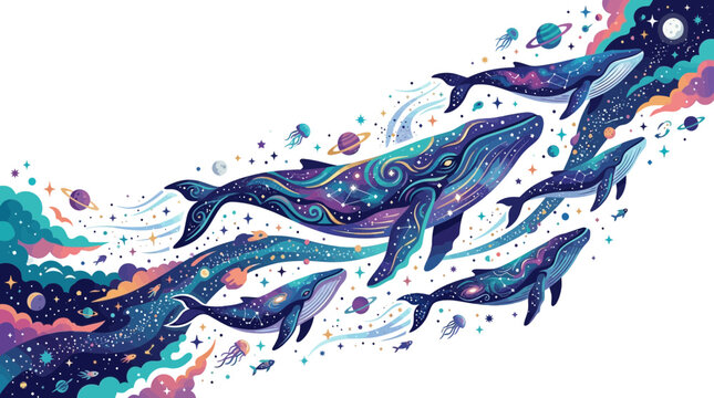 Cosmic Whales Swimming Through Nebula and Planets