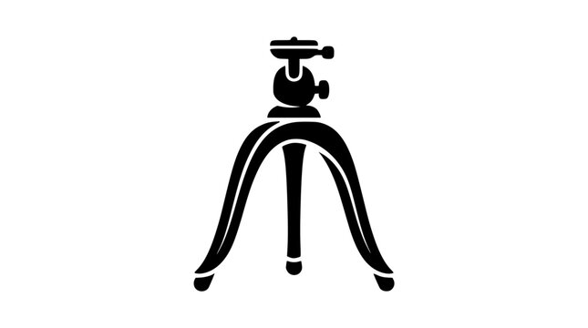  A minimalist black vector graphic of a heavy-duty three-legged camera tripod stand, symbolizing stable video production, photography gear, and media studio setups.