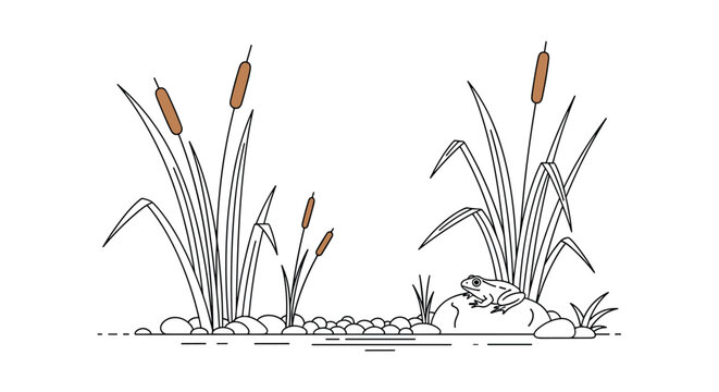 Simple line drawing of a frog sitting on a rock in a calm pond surrounded by cattail plants provides a peaceful nature coloring page.