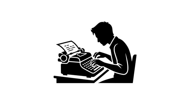 A striking black vector silhouette of a man sitting and typing diligently on a classic mechanical typewriter, symbolizing journalism, retro blogging, and screenwriting.
