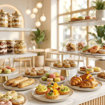 Assorted fresh pastries and sweet desserts displayed on plates in a bright modern bakery cafe