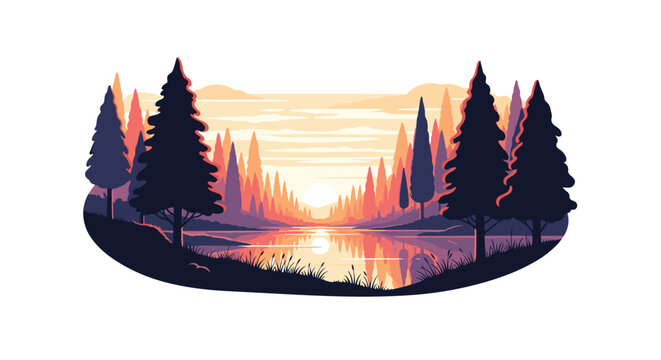 Pixel art landscape depicting a peaceful lake surrounded by tall pine trees under a warm orange and yellow sunset in a retro game style.
