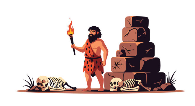 Bearded caveman holding a flaming torch stands next to a stack of large rocks and human skeletons in a prehistoric scene.