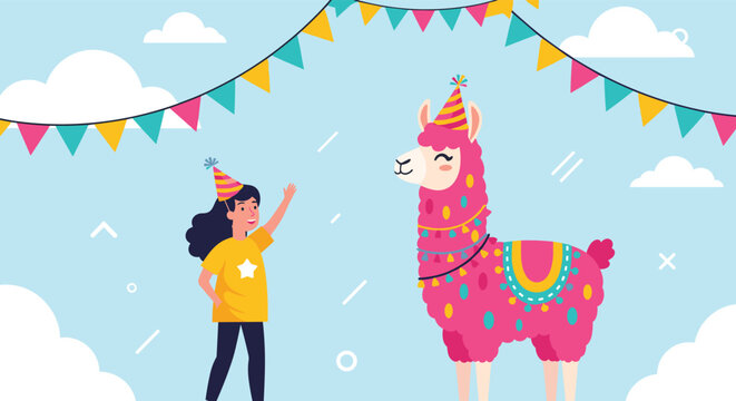 Young girl wearing a party hat celebrates with a festive pink llama adorned with colorful pom-poms under a bright sky with bunting.