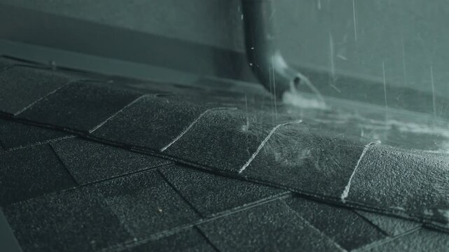 Rainwater pouring from downspout onto asphalt shingles during heavy rainfall.