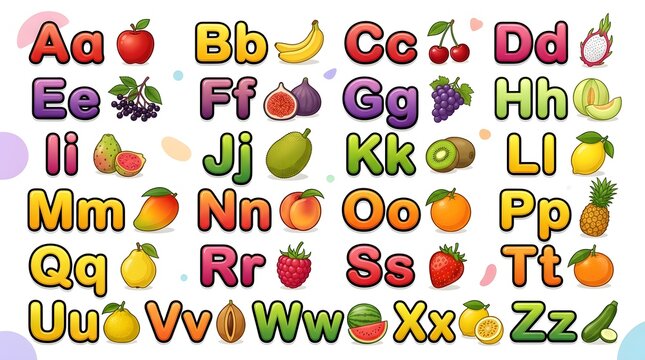 Colorful alphabet chart for children featuring fruits and vegetables for each letter from a to z on a white background