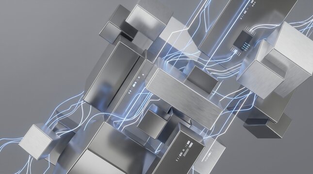 Floating metallic cubes connected by glowing blue circuit lines in a clean modern digital environment