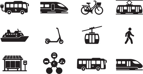 Various transportation modes in black icons. © ulvaamelia