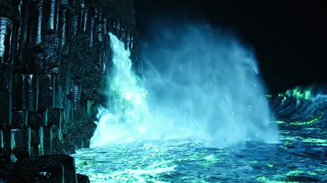 Dramatic Waves Crashing on Dark Basalt Columns at Night, Glowing Sea