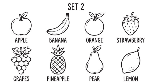 Hand drawn fruit icon set with labels strawberry pineapple illustration vegetarian nutrition