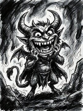 Fiendish creature illustration with horns wings and a wicked grin in hellish scene