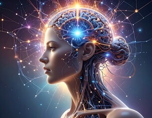 Obraz premium Woman with glowing brain circuit technology.
