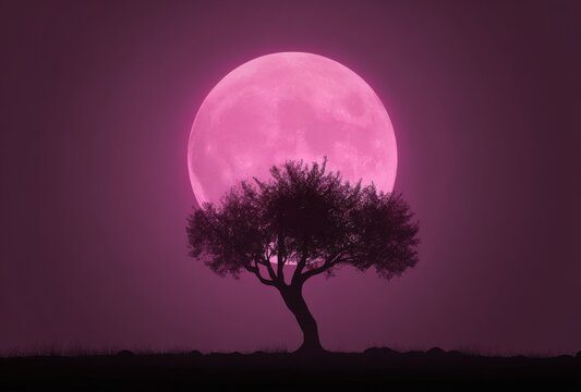Silhouette of a lone tree against a large, vibrant pink moon at night.