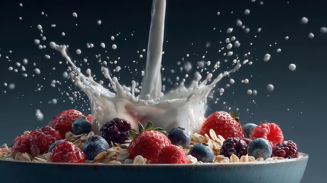 8K Ultra HD Fresh oatmeal bowl with mixed berries and milk splash, healthy breakfast concept image