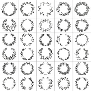 Hand Drawn Botanical Wreath Elements Decorative Circles Floral and Leaf Designs