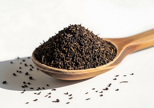 Spoonful of loose black tea leaves on wooden surface with scattered spice. ctc tea