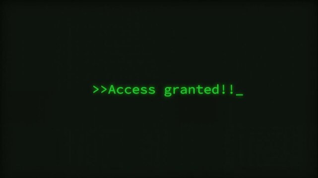 Retro green text typing on a dark CRT monitor display showing access granted message with analog glitch effects. Perfect for hacking, cyberpunk, and sci-fi tech concepts.