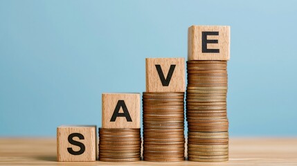 A stack of coins with wooden blocks spelling out the word SAVE