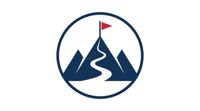 Dark blue mountain range emblem with a winding trail leading to a red target success flag