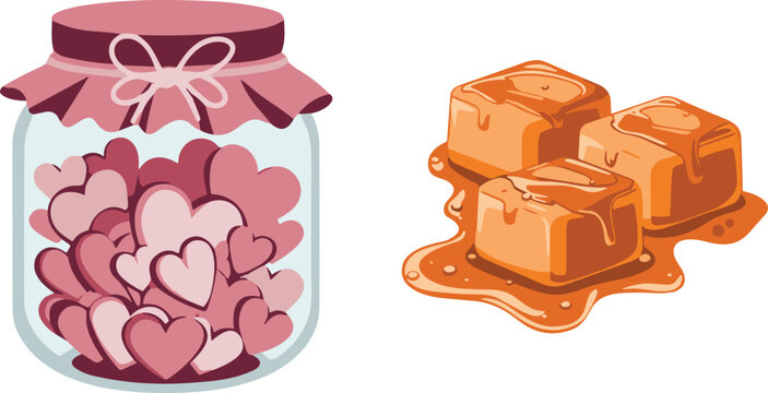 Sweet Confectionery Vector Set Featuring Glass Jar Packed with Pink Hearts Alongside Delicious Caramel Cubes Covered in Rich Melted Toffee Sauce